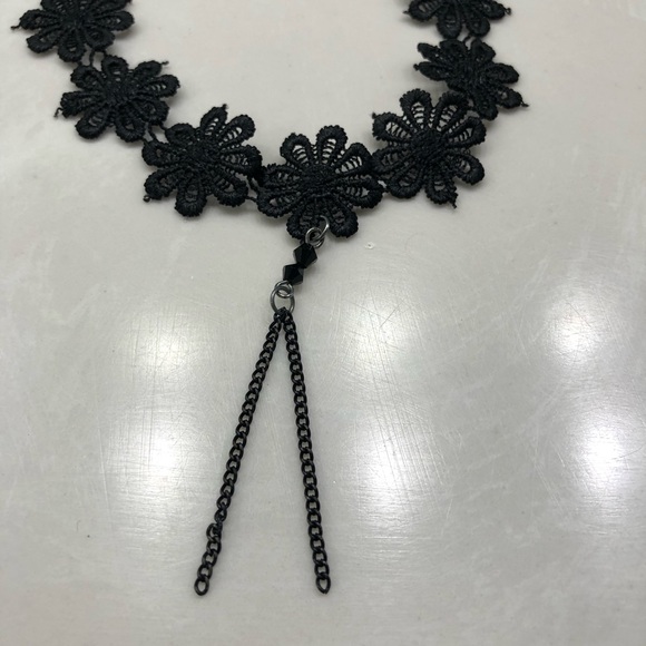 Black Flower Lace Floral Choker with Dangly Chains - Picture 2 of 10